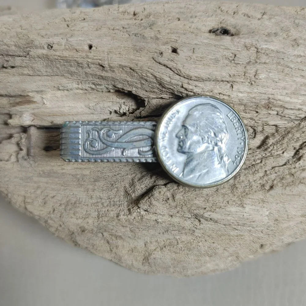 1967 Nickel Coin Money Clip Ornate Silver Tone Copper Minimalist E A Adams Son